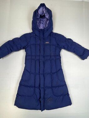 Patagonia Girl's XXS (3-4) Down Long Parka Puffer Jacket Blue Purple Floral